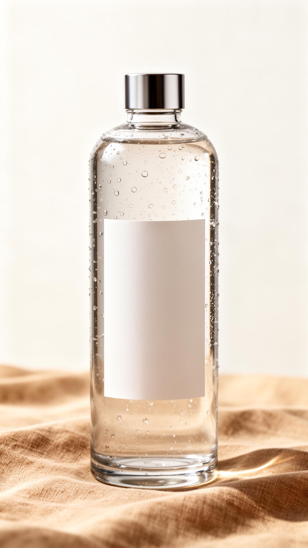 Botella de vidrio premium de agua AquaPlus sobre lino color arena