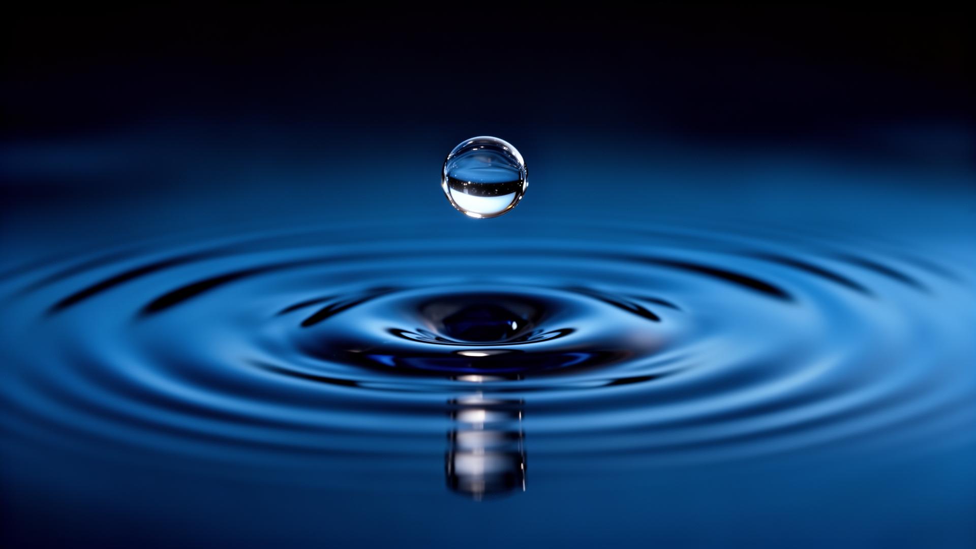 Gota de agua creando una onda en superficie azul profundo